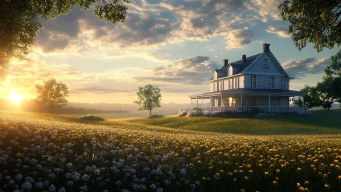 Sunlit country farmhouse resting in a peaceful flower field.