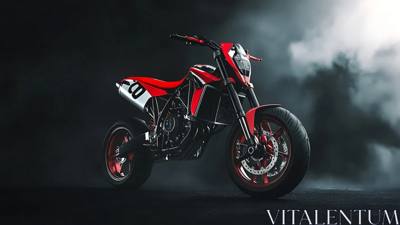 Aggressive red racing motorcycle in cinematic studio fog.