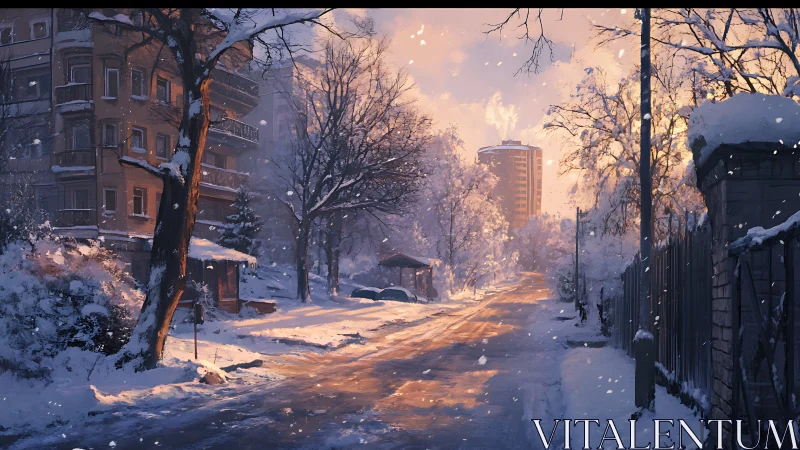 Winter boulevard glows in peach sunrise and drifting snow.