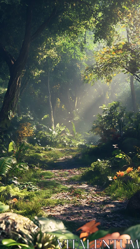 Forest pathway with canopy light filtering through dense vegetation