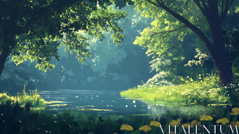 Serene Forest River with Dappled Light.