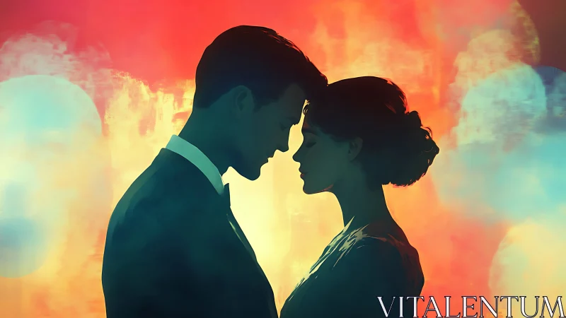 Silhouetted Couple Foreground Dramatic Sunset Backdrop.