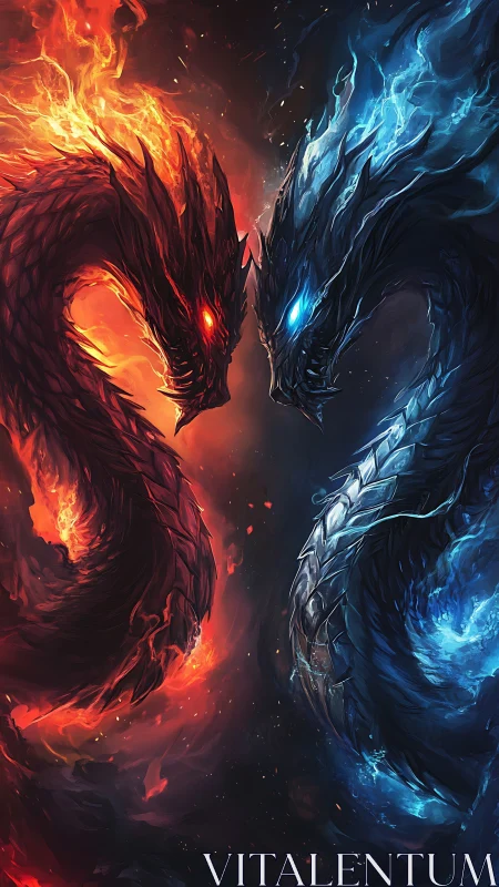 Opposing fire and ice dragon forms confront in vertical frame