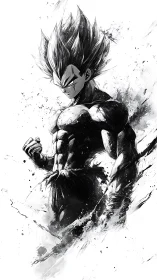 Monochrome anime warrior rendered in dynamic ink splatter