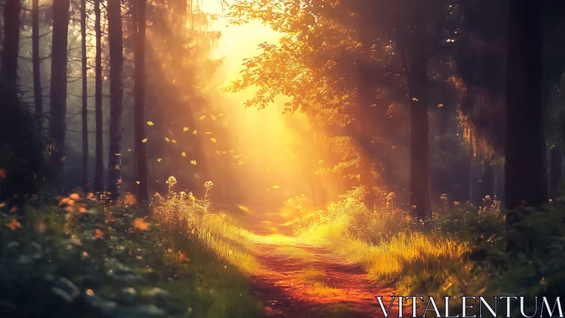 Sunlit Forest Path with Glowing Morning Light and Wildflowers.