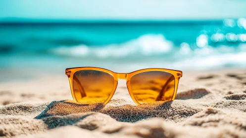 Sunny yellow sunglasses rest warmly on a bright beach