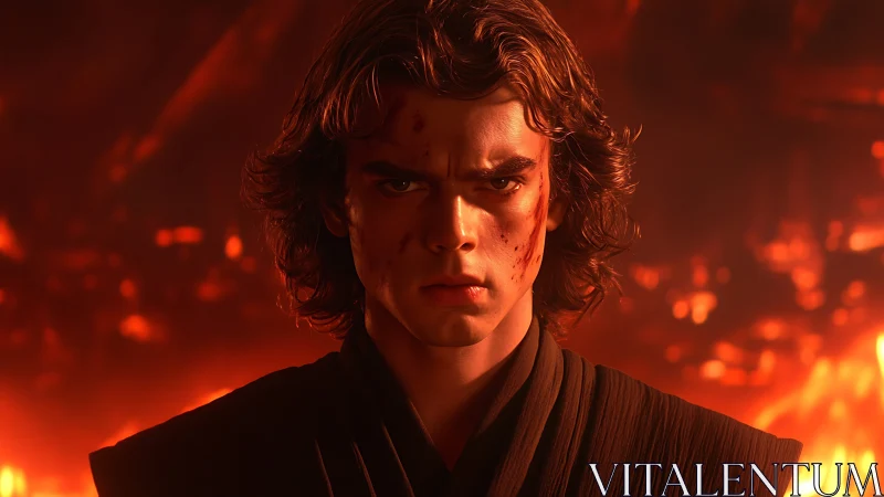 Scorched warrior gazes through embers of rising fury.