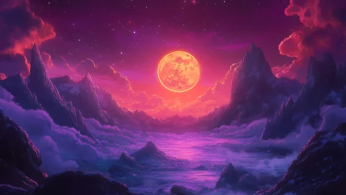 Vivid alien seascape under luminous magenta moon.