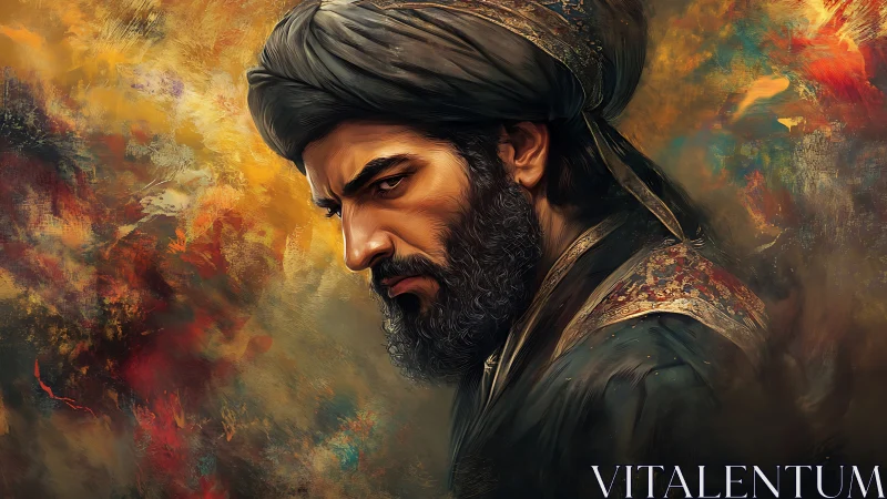 Regal turbaned warrior in dramatic painterly chiaroscuro.