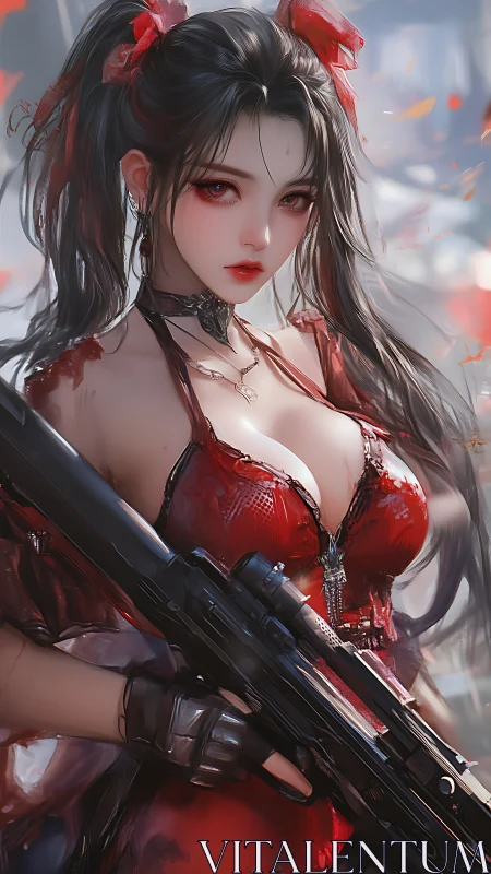 Red-clad anime sniper girl holding rifle in city scene.
