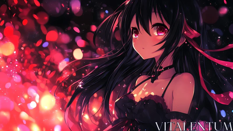 Red-eyed anime girl in bokeh-lit dark scene emphasizes contrast