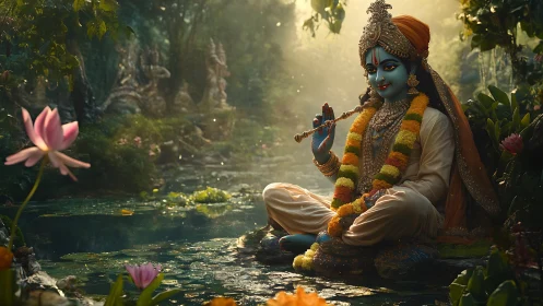 Divine blue deity plays flute amid luminous forest streamscape