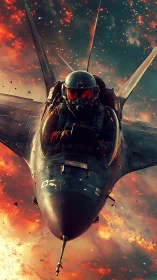 Bold fighter pilot soaring through fiery cosmic skies.