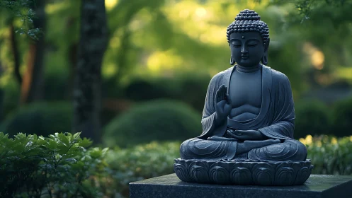 Garden Buddha in emerald hush, stone still and listening.