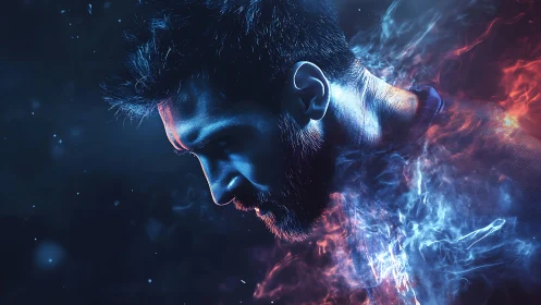 Bi-chromatic portrait of focused man in volatile energy field.