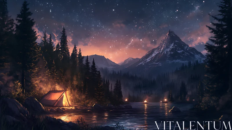 Starlit mountain campfire glows beside a whispering river.