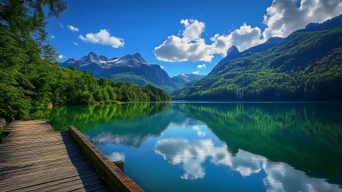 Mountain lake reflections along a quiet wooden boardwalk.
