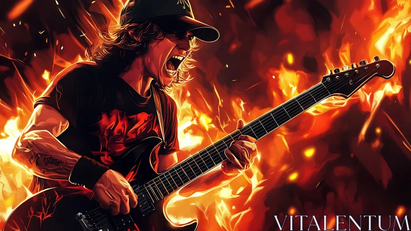 Flaming rock guitarist rendered in high-contrast digital painting
