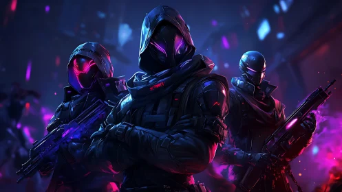 Cyberpunk assault squad with neon masked enforcers posed.