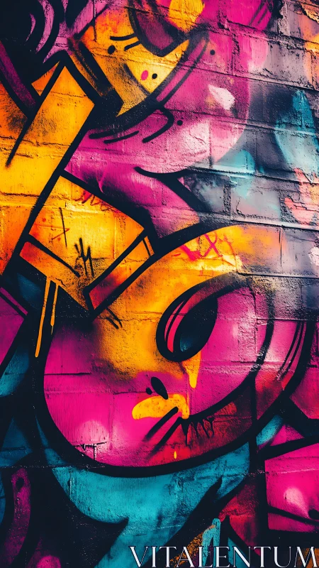 Neon graffiti curves ignite a brick wall with urban energy