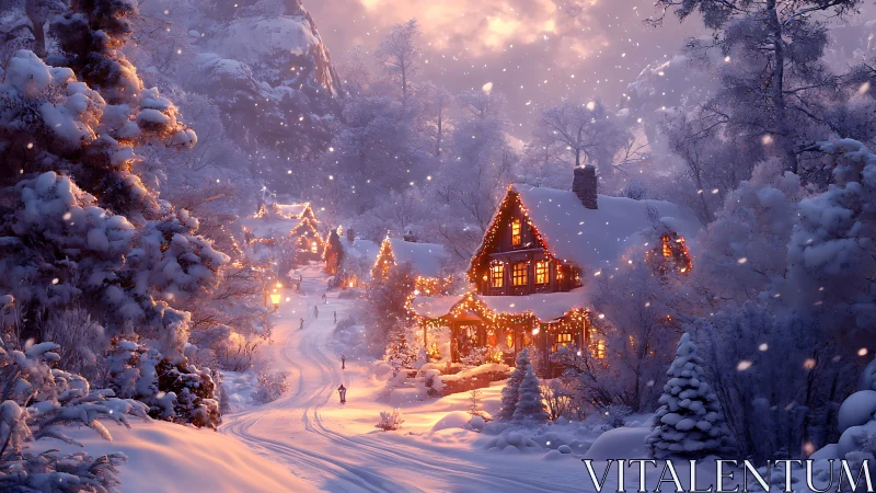 Snow-laden twilight village with warmly lit chalet cottages