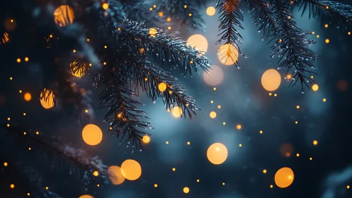 Snow-dusted conifer branches with defocused warm lights.