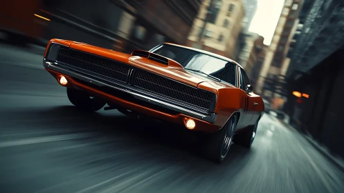 Bold orange muscle car roaring through a misty city street.