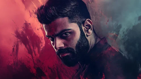 Moody bearded portrait in red teal digital paint lighting.