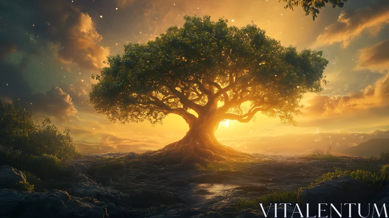 Sunlit guardian tree cradles the last glow of a dreaming day