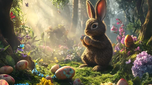 Easter forest bunny with painted eggs in golden backlight.
