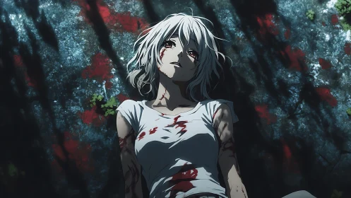 Wounded moon-haired girl listens to shadows breathing above