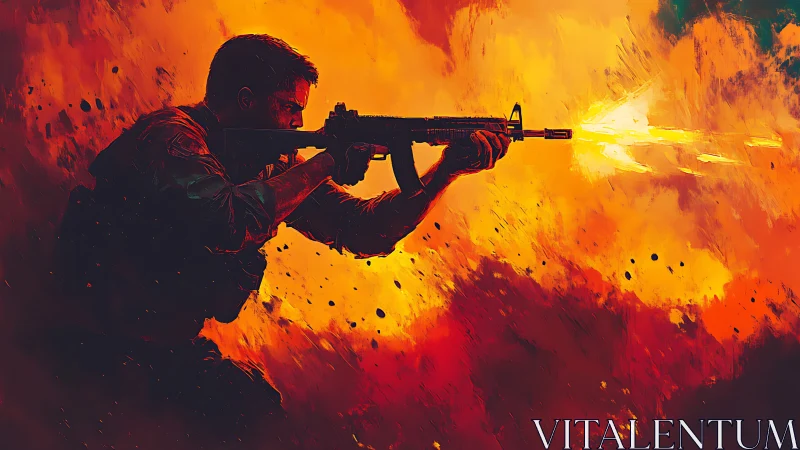 Silhouetted soldier fires rifle amid blazing inferno backdrop.