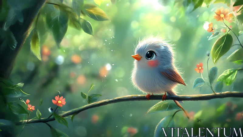 Fluffy Cartoon Bird on Branch in Sunlit Forest, Whimsical Art Style.