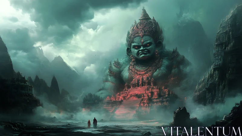 Colossal demon temple amid misty mountains and red glow.