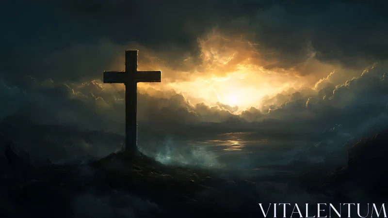 Solitary hilltop cross glowing against a peaceful dawn sky.