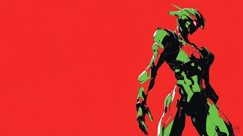 Neon green mecha sentinel against feral crimson void.