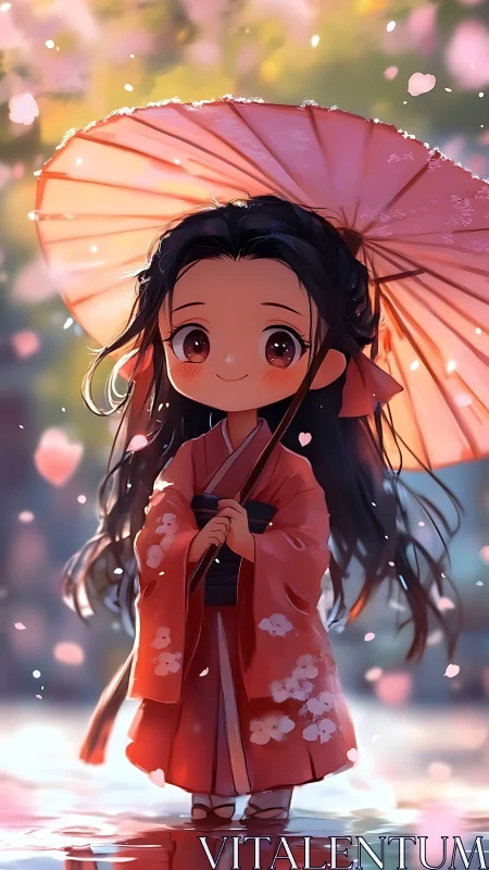 Chibi girl in red kimono holds parasol amid falling petals
