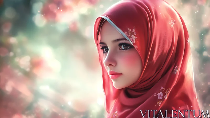 Softly lit portrait renders detailed red hijab with floral motifs
