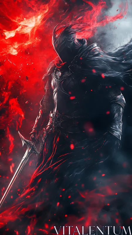 Shadow knight emerges through swirling red firestorm.