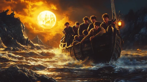 Boat of young men advances through storm waves at sunset