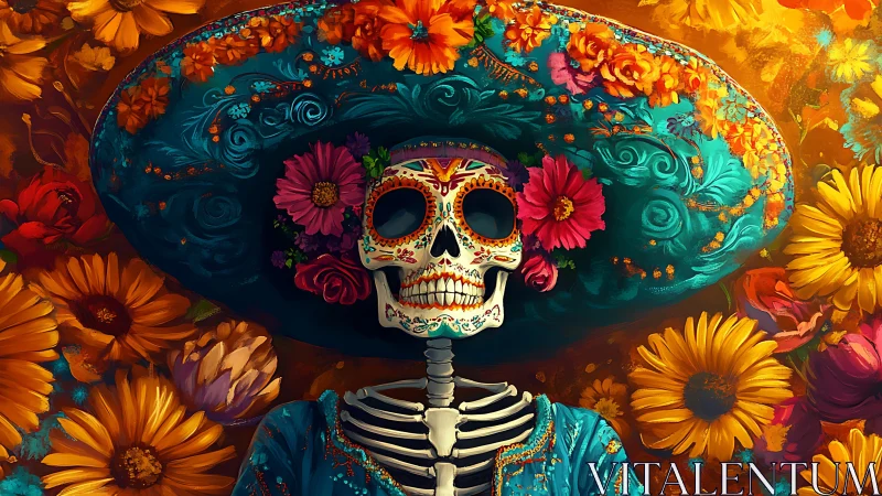 Joyful D&iacute;a de Muertos skeleton glows in bright floral splendor