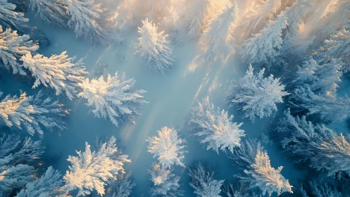 Snow-laden forest glows under low winter sunrise light