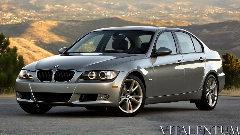 Silver sports sedan catches sunset glow on mountain road