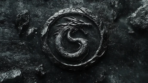 Coiled stone dragon emblem within fractured obsidian circle.