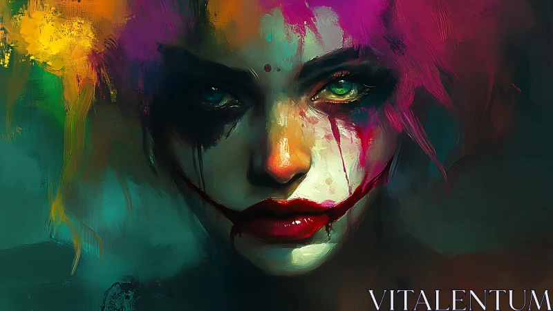 Neon-scarred jester queen with venomous emerald gaze.