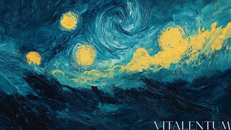 Swirling cobalt night sky with radiant golden orbs