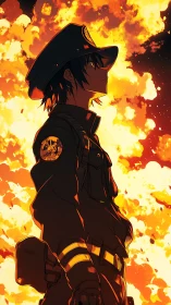 Anime police officer in profile against blazing firestorm