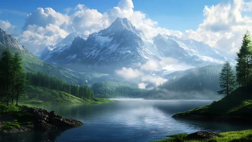 Glacial alpine lake beneath sunlit snow peaks and cumulus cloudbank.