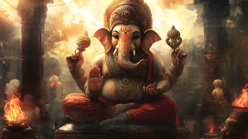 Majestic Ganesha deity in ornate temple firelit ambiance.