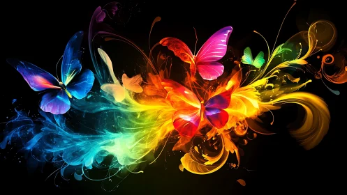 Vibrant digital butterflies in explosive rainbow motion.